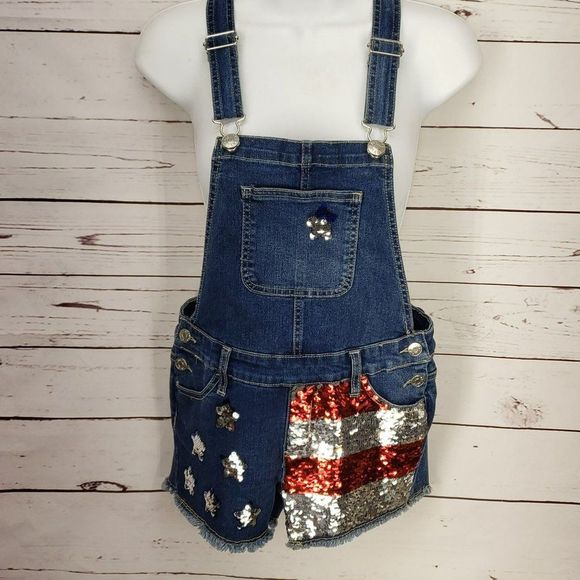 Justice Girl’s Denim Sequin American Flag Summer Shortalls Overalls Size‎ 12 - Picture 9 of 13